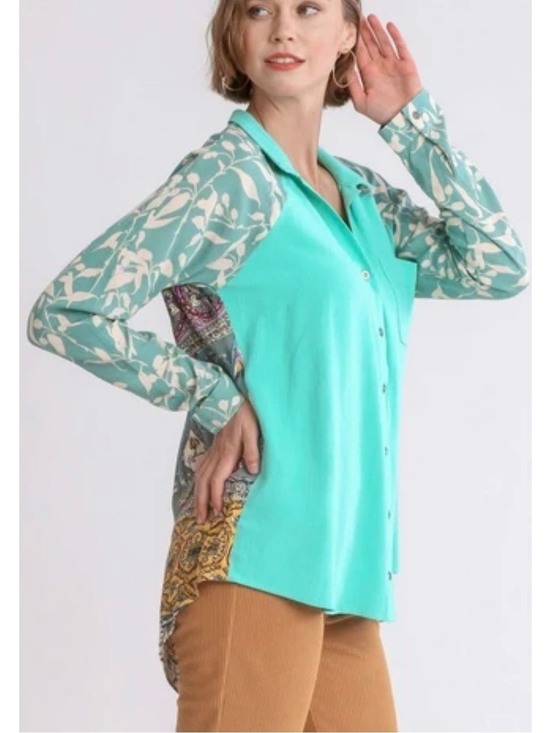 Umgee Tops - Umgee Turquoise Linen Blend Button Down Tunic Floral Paisley Lagenlook Large